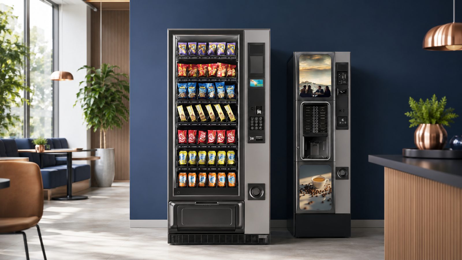 Distributeur boissons et snacks et machine à café Kacians côte à côte dans un espace d'entreprise