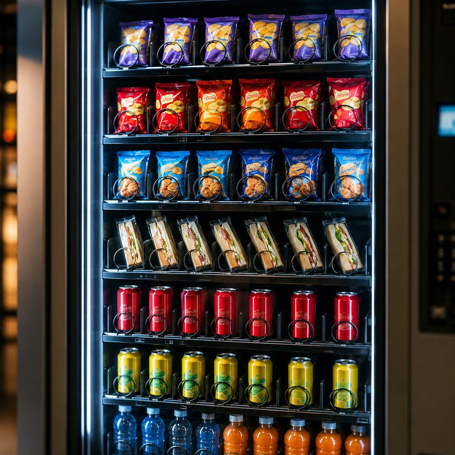 Vitrine d'un distributeur Kacians garnie de snacks et de boissons fraîches